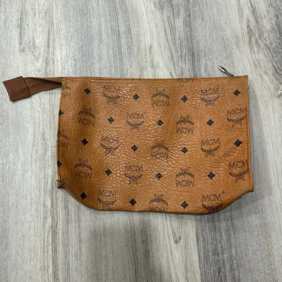 MCM Tan Toiletry Bag with Logo Pattern